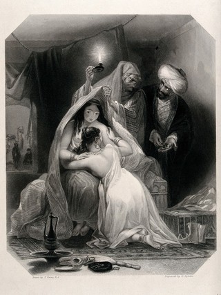 Two sisters in Georgia lament as their mother sells them to a bearded man wearing a turban, who is counting out money. Stipple engraving by H. Egleton, 1843, after T. Uwins.