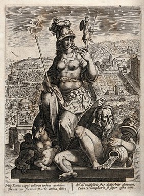 The personification of Rome sitting on a column, balancing the statue of Mars on her hand; next to her the river god Tiber and the she-wolf with Romulus and Remus, behind them the panorama of Rome; representing the city of Rome. Engraving after Jan van der Straet.