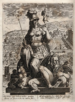 view The personification of Rome sitting on a column, balancing the statue of Mars on her hand; next to her the river god Tiber and the she-wolf with Romulus and Remus, behind them the panorama of Rome; representing the city of Rome. Engraving after Jan van der Straet.