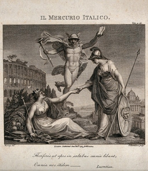 Britannia and Italia are shaking hands, behind them Mercury, the messenger of the gods. Engraving by F. Bartolozzi after E.F. Burney.