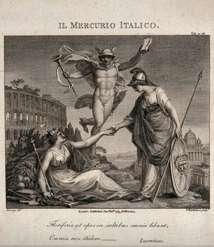 Minerva, as goddess of the arts, shaking hands with Italia; behind them Mercury, the messenger god. Engraving by F. Bartolozzi, 1789, after Burney.