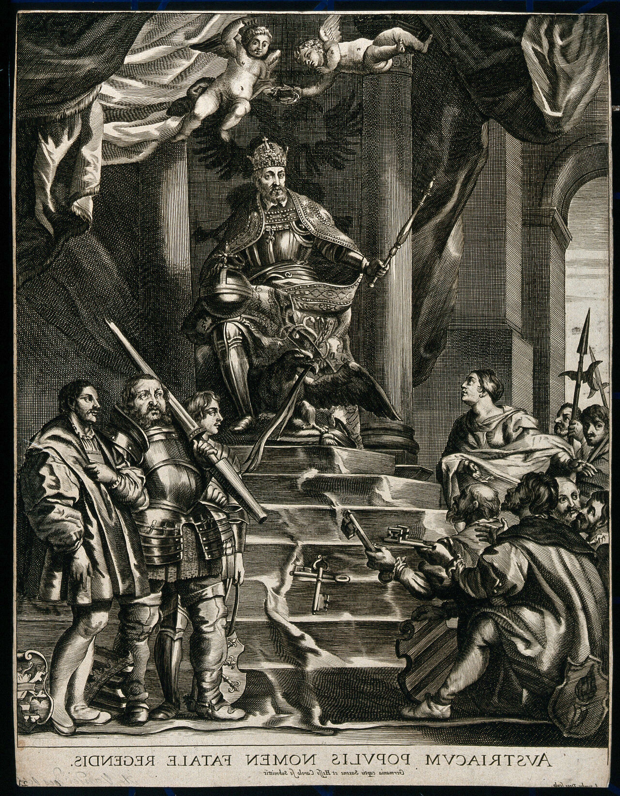 Led by the female personification of Germany, the representatives of Germans kneel to the left of the throne of Charles V, while the leaders of the protestant states stand on the right. Engraving after A. van der Does., by Antoon van der Does