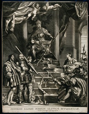 view Led by the female personification of Germany, the representatives of Germans kneel to the left of the throne of Charles V, while the leaders of the protestant states stand on the right. Engraving after A. van der Does.