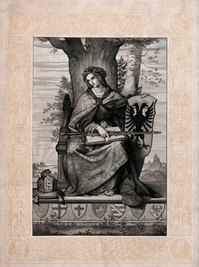 A woman enthroned under an oak tree, holding a book, a sword and the coat of arms of the Holy Roman Empire; next to her is a crown; the whole framed by medallions with portraits of artists; representing the rule of the Holy Roman Empire. Lithograph.