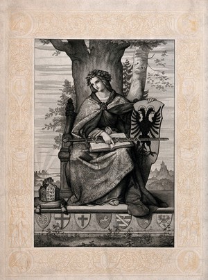 view A woman enthroned under an oak tree, holding a book, a sword and the coat of arms of the Holy Roman Empire; next to her is a crown; the whole framed by medallions with portraits of artists; representing the rule of the Holy Roman Empire. Lithograph.