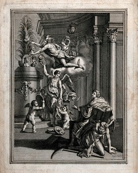 A man writing in a book supported by Time, while Mercury is assisted by winged figures in displaying the portraits of French kings; representing French history. Engraving.