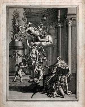 view A man writing in a book supported by Time, while Mercury is assisted by winged figures in displaying the portraits of French kings; representing French history. Engraving.