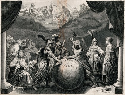 A Gallic druid is using a mallet to remove a ring which hemmed in a globe inscribed "Gaul"; he is assisted by two Roman soldiers and surrounded by female allegorical figures, a sickle and fasces, while the Olympian gods look on from above; representing the opening of Gaul to the Roman Empire. Etching.