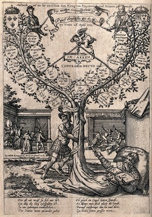 view Henri Duc de Guise has his hand trapped in a split tree trunk when the two parts of the tree are brought together, contrary to Nature; the tree representing the family tree of the kings of France, which diverges into a Valois branch and a Bourbon (Navarre) branch. Etching.