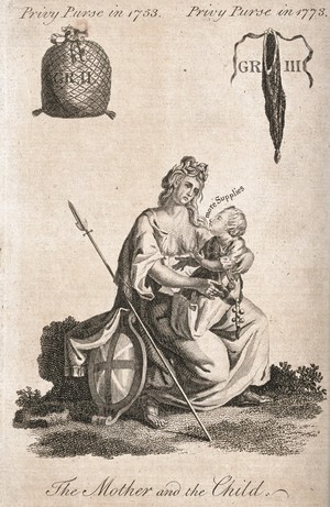 view Britannia holds her discontented suckling child (King George III) and looks at it with sadness, above them the full privy purse of 1753 and the empty privy purse of 1773. Etching.