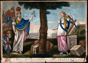view Two women standing under a tree exchanging an olive branch and music, with freight around them and with ships passing by in the background; representing the friendship of England and Ireland as a sea-trading union. Coloured mezzotint.