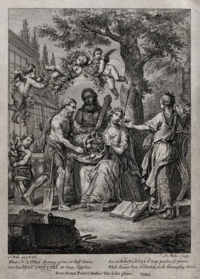 Britannia is seated under a tree, surrounded by Science and Industry and presented with a cornucopia by a man with a spade; representing Britain's wealth through science and industry. Etching by J. Miller after S. Wale.