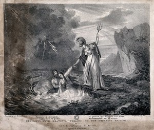 view Britannia helps a triton to save a shipwrecked woman from the stormy sea. Aquatint after N. de Santiago y de Rotalde.