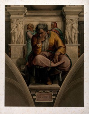 view Jeremiah. Chromolithograph by Storch and Kramer after C. Mariannecci after Michelangelo.