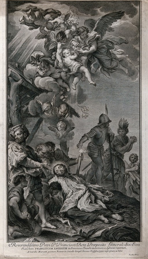 The death of St. Francis Xavier. Engraving by Jacobus Frey the elder, 1733, after C. Maratta, 1678.