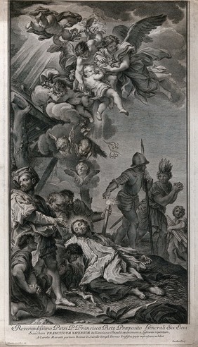 The death of Saint Francis Xavier. Engraving by Jacobus Frey the elder, 1733, after C. Maratta, 1678.