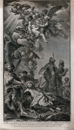 view The death of Saint Francis Xavier. Engraving by Jacobus Frey the elder, 1733, after C. Maratta, 1678.