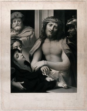 view Christ wearing the crown of thorns is presented by Pilate to the Jews. Engraving by G.T. Doo, 1850, after A. Allegri, il Correggio.