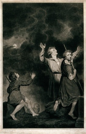 The shepherds attending at the birth of Christ look up at the angel. Stipple engraving by G.S. and J.G. Facius after J. Boydell after J. Reynolds.