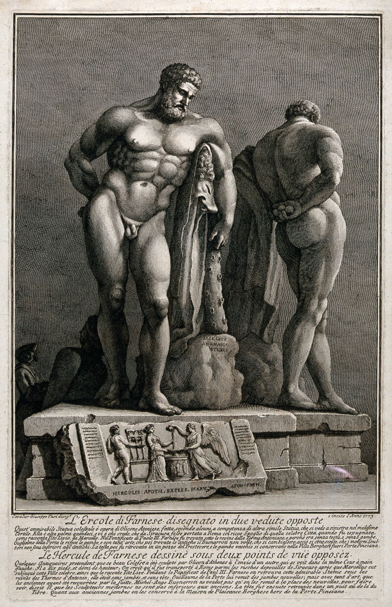 The Farnese Hercules from the front and back. Engraving by G. Vasi, 1773., [1773], by Giuseppe Vasi