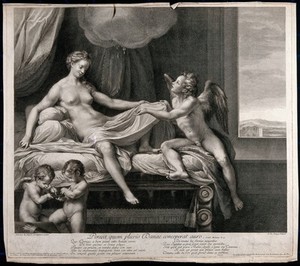 view Danae. Engraving by G. Duchange after P. de' Pietri after A. Allegri, il Correggio.