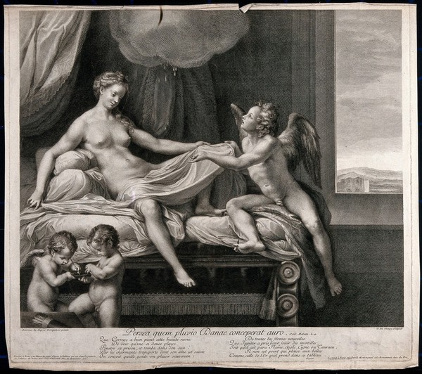 Danae. Engraving by G. Duchange after P. de' Pietri after A. Allegri, il Correggio.