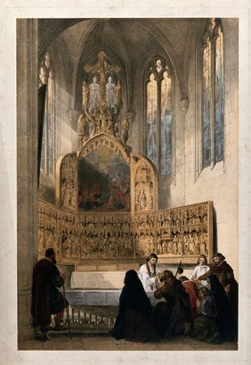 Pilgrims receiving the Eucharist in the chapel of Saint Dymphna at Gheel. Coloured lithograph by L. Haghe.