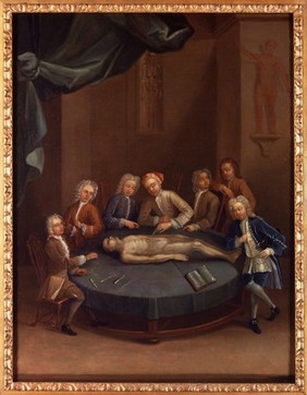 William Cheselden giving an anatomical demonstration to six spectators in the anatomy-theatre of the Barber-Surgeons' Company, London. Oil painting, ca. 1730/1740.