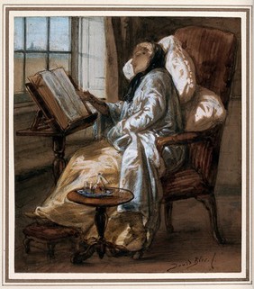 A convalescent young woman reading. Gouache painting by David Bles.