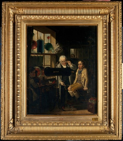 Dispensing of medical electricity (electrotherapy). Oil painting by Edmund Bristow, 1824.