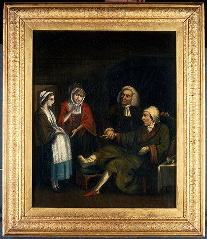 A physician (William Cullen?) taking the pulse of a gouty bachelor as he receives a paternity claim. Oil painting formerly attributed to John Kay.
