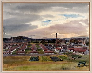 view World War I: Scottish National Red Cross Hospital, Bellahouston, Glasgow. Watercolour by Walter Spradbery.