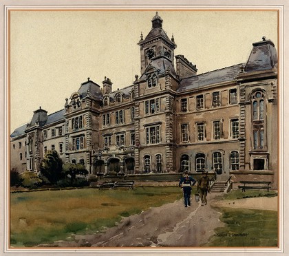 World War I: 2nd Scottish General Hospital Craigleith, the Central Buildings. Watercolour by Walter Spradbery, 1919.