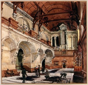 view World War I: the Examination Schools, Oxford, while occupied by the Third Southern General Hospital, interior. Watercolour by Walter Spradbery.