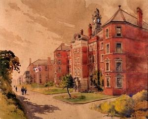 view World War I: Special Surgical Hospital, Shepherds Bush, London. Watercolour by Walter Spradbery, 1919.