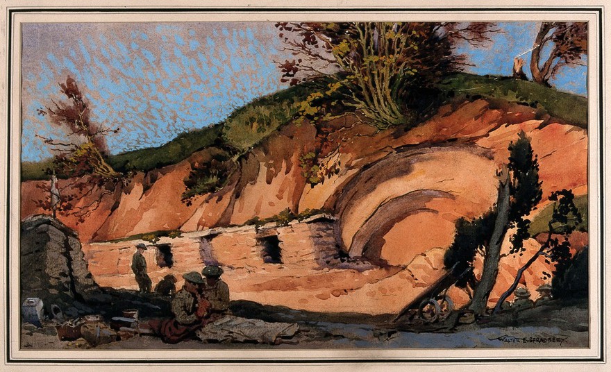 World War I: soldiers in front of a bunker shelter. Watercolour by Walter Spradbery.