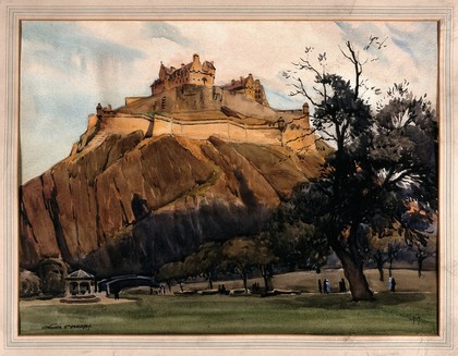 World War I: Edinburgh Castle when in use as a hospital, seen from Prince's Street garden. Watercolour by Walter Spradbery, 1919.