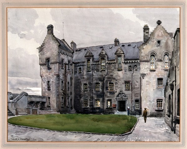World War I: courtyard of Edinburgh Castle, showing a wing used as a hospital. Watercolour by Walter Spradbery.