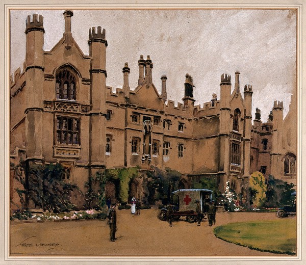 World War I: a neo-Gothic building used as a hospital, with an ambulance in the drive. Watercolour by Walter Spradbery.