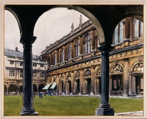view World War I: Trinity College Cambridge, Neville's Court, occupied by wards of the 1st Eastern General Hospital. Watercolour by Walter Spradbery, 1914.