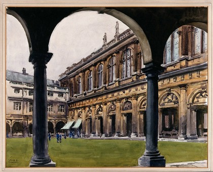 World War I: Trinity College Cambridge, Neville's Court, occupied by wards of the 1st Eastern General Hospital. Watercolour by Walter Spradbery, 1914.