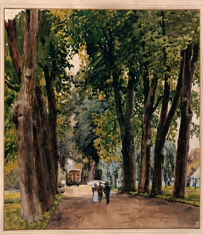 World War I: Trinity College Cambridge, the Lime Walk, during occupation by the 1st Eastern General Hospital. Watercolour by Walter Spradbery.