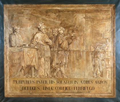 Episodes in the history of cinchona 1: the count of Chinchón receives the febrifuge from his native servant. Oil painting by a Roman painter.