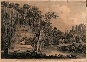 view The Dropping Well, Knaresborough, Yorkshire: the waters, three visitors attended by two servants in the foreground, and the ruins of Knaresborough Castle in the background. Engraving by F. Vivares after T. Smith of Derby, 1747.
