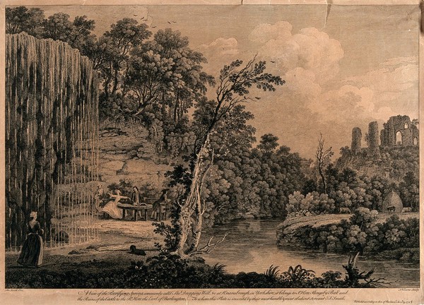 The Dropping Well, Knaresborough, Yorkshire: the waters, three visitors attended by two servants in the foreground, and the ruins of Knaresborough Castle in the background. Engraving by F. Vivares after T. Smith of Derby, 1747.