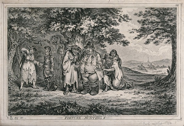 Two huntsmen in a clearing are surrounded by gypsies who read their palms as a decoy for stealing their belongings. Etching by J. Gillray, 1804, after B. North.