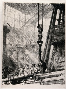 Royal Gun Factory, Woolwich Arsenal, London: workers in the factory lifting a metal gun barrel with a crane. Lithograph by G. Clausen, 1917.