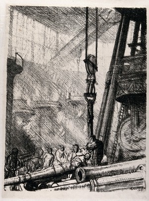 view Royal Gun Factory, Woolwich Arsenal, London: workers in the factory lifting a metal gun barrel with a crane. Lithograph by G. Clausen, 1917.