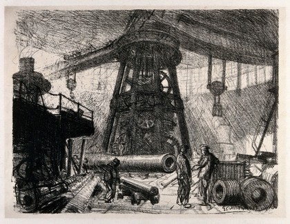 Royal Gun Factory, Woolwich Arsenal, London: a radial overhead crane for carrying heavy artillery pieces in different sectors of the factory. Lithograph by G. Clausen, 1917.