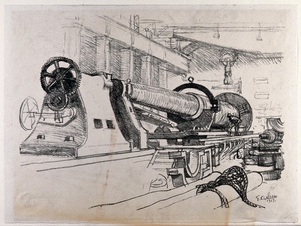 Royal Gun Factory, Woolwich Arsenal, London: a big gun barrel being turned on a lathe. Lithograph by G. Clausen, 1917.